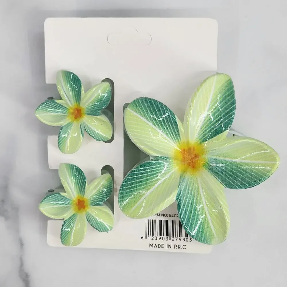 3 pc Hawaiian Flower Claw Clip Set - Hair Accessories Green Plumeria